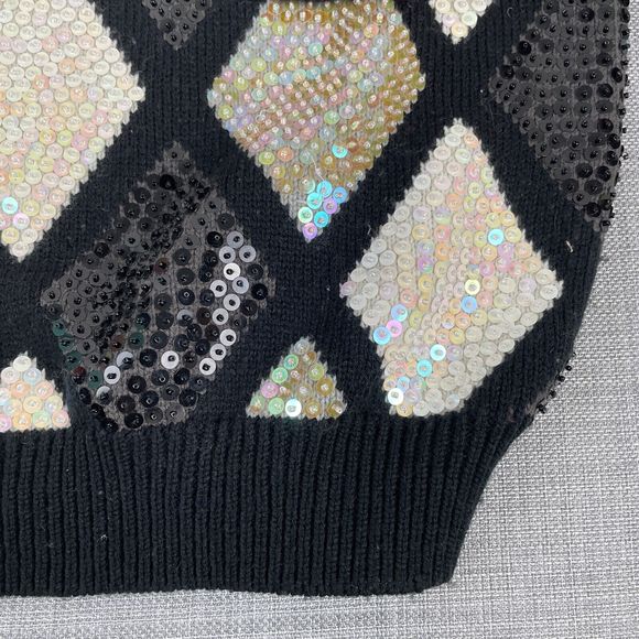 Vintage Alfred Dunner Sequin Sweater Diamond‎ Patterns Black White Medium - Picture 4 of 6